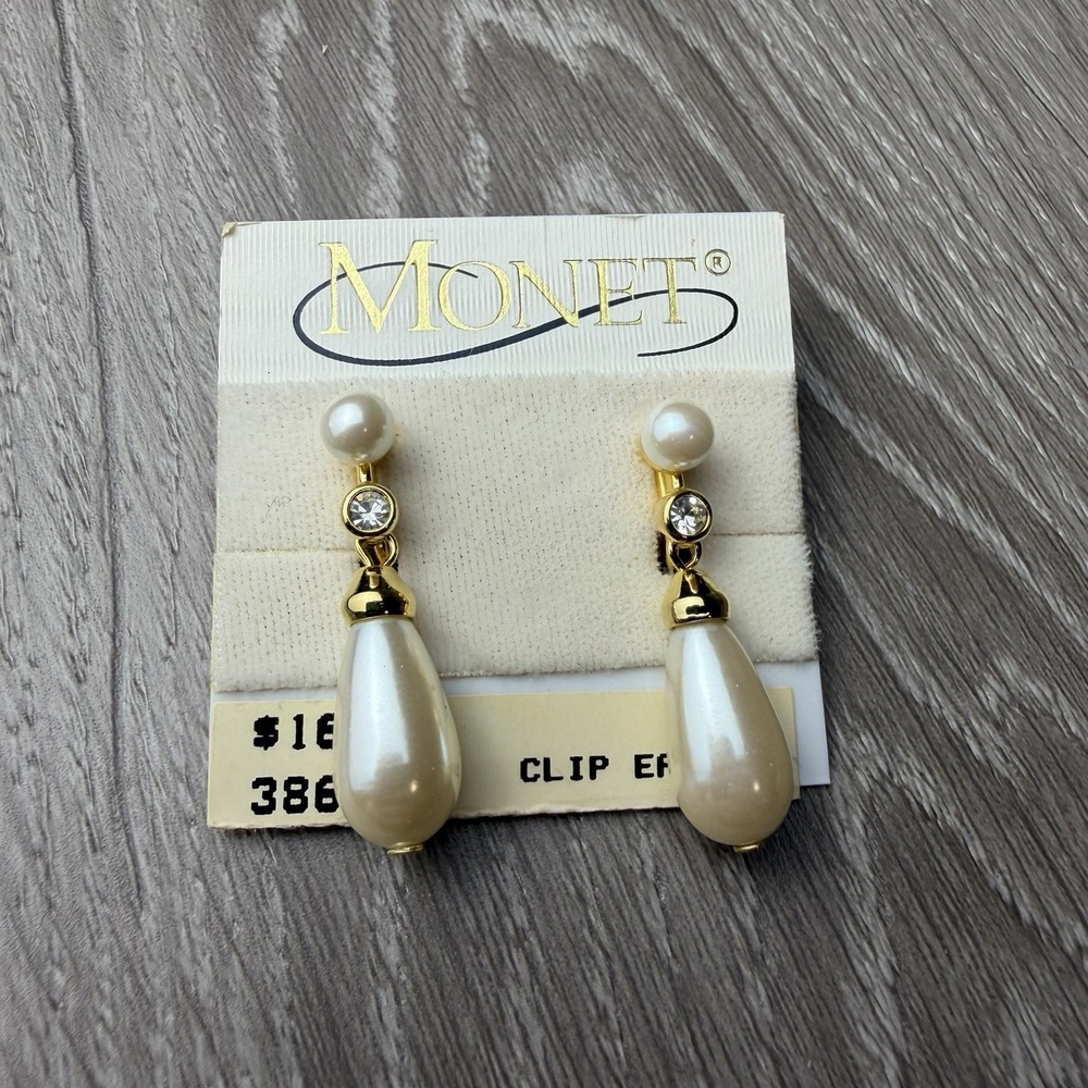 Vintage Monet Gold Tone Teardrop Faux Pearl Rhinestone Drop Clip On Earrings